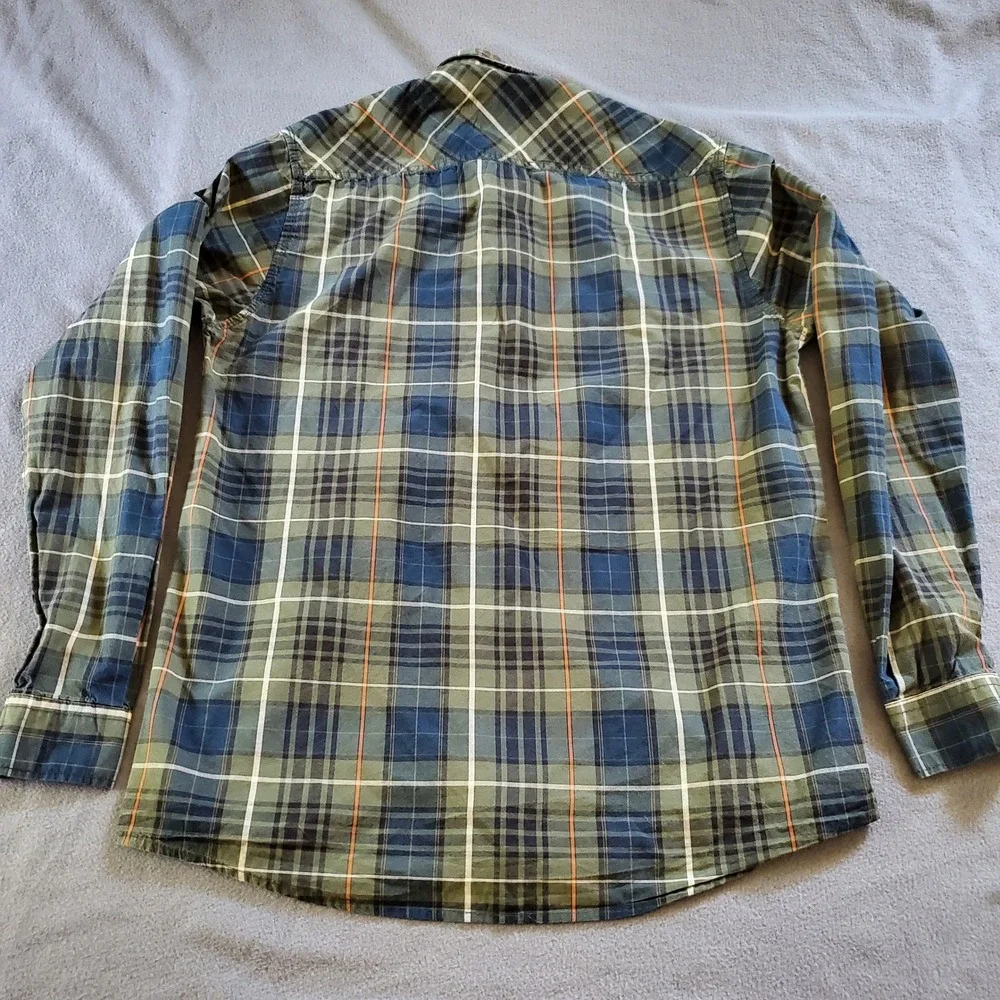 True Religion Mens XL Plaid Button Down Shirt Green Blue Long Sleeve‎ Horseshoe